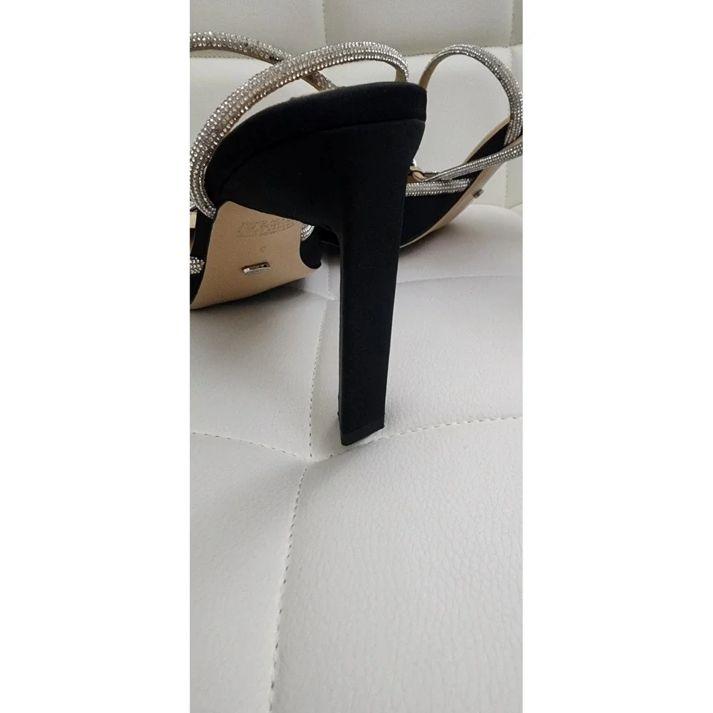 Tony‎ Bianco Black Satin Rhinestone Bow Pointed Toe Block Heel Pumps Womens